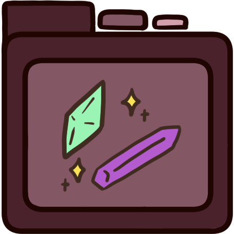 a red file folder with a teal crystal and a purple crystal on it, that are surrounded by sparkles.